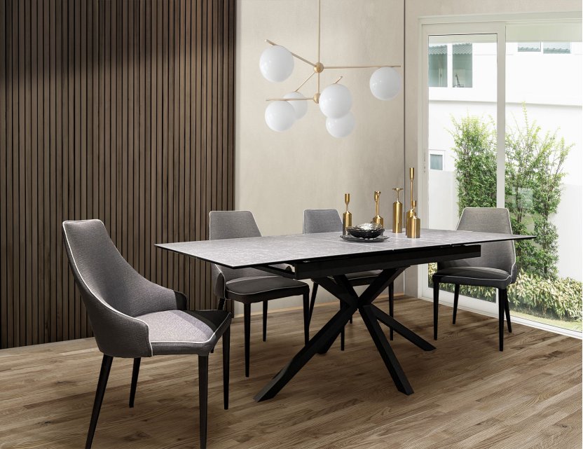 Gris Sintered Stone Top Extendable Dining Table With 4 Charles Dining Chairs