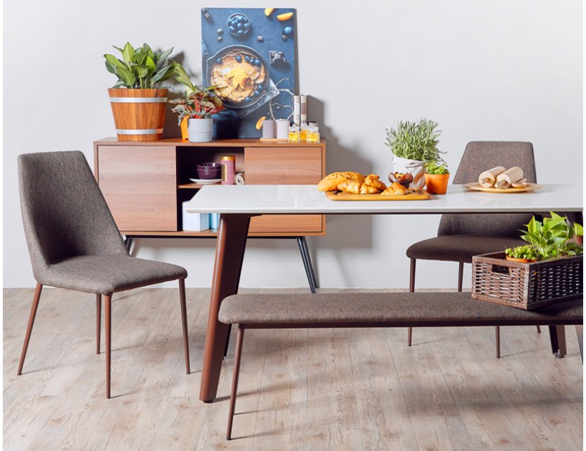 Kay Quartz Top Dining Table 1.6M with 2 Henry Chairs and 1 Henry Bench