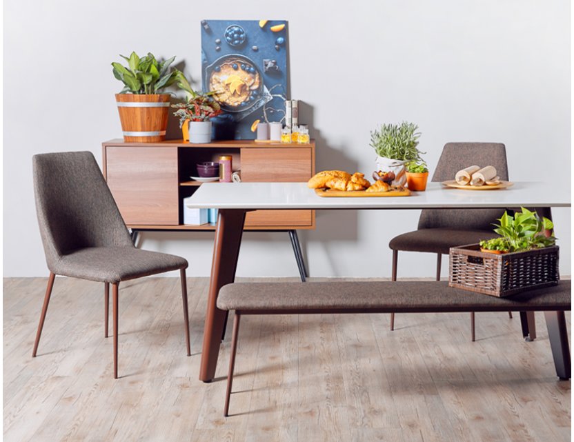 Kay Quartz Top Dining Table 1.6M with 2 Henry Chairs and 1 Henry Bench